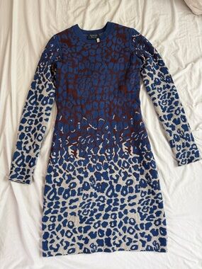 Lanvin Blue and Cream Leopard-Print Long Sleeve Knit Dress with Brown Accents